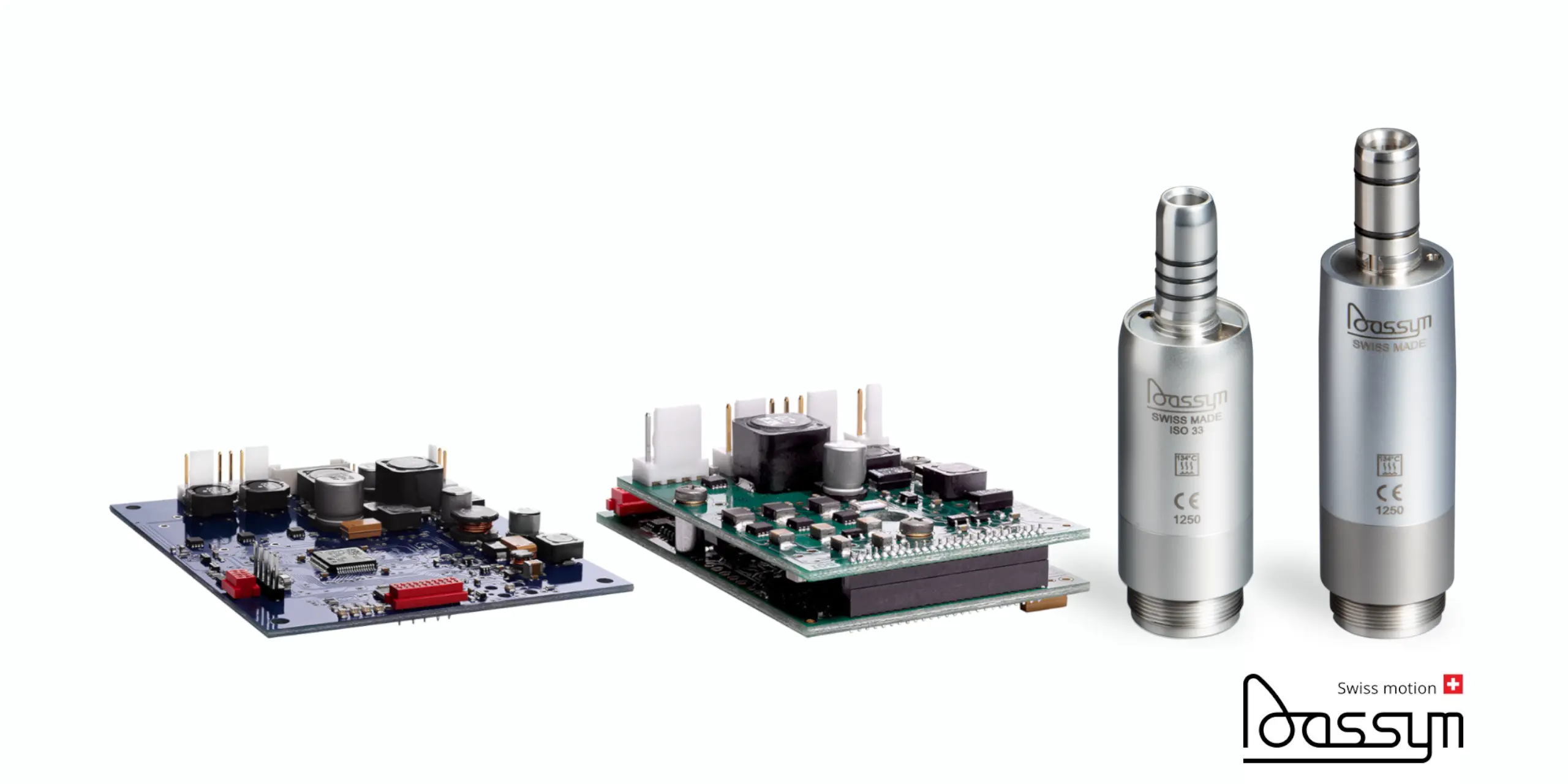 Dassym dental micromotors and circuit boards showcasing Swiss-made precision dental equipment