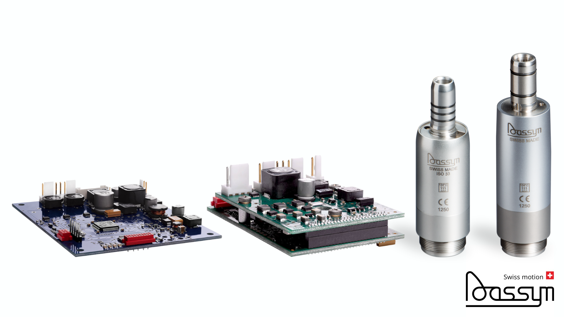 Dassym dental micromotors and circuit boards showcasing Swiss-made precision dental equipment